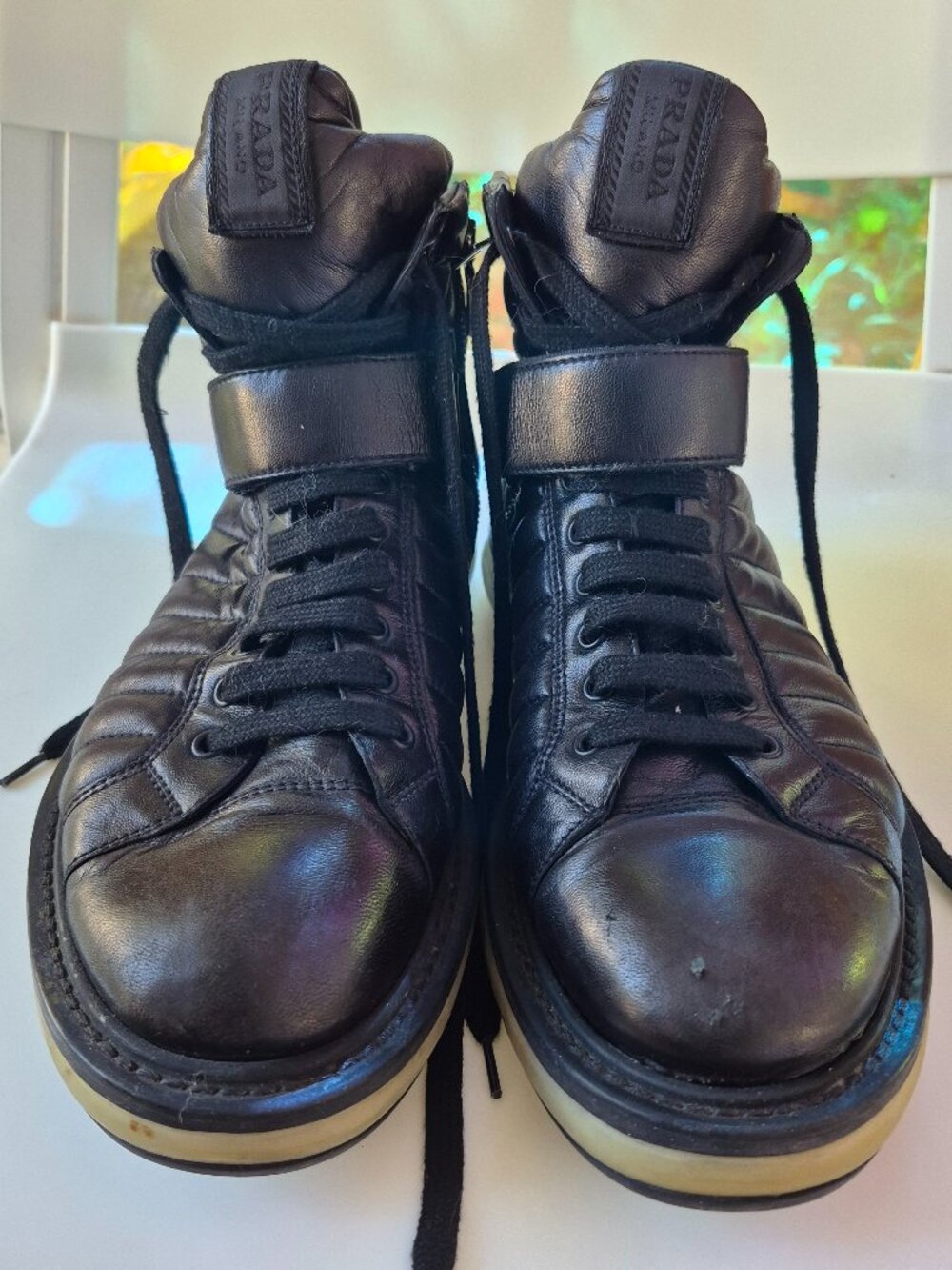 Rare Vintage Prada Black Leather High Top Zip Lace Sneaker M 7.5